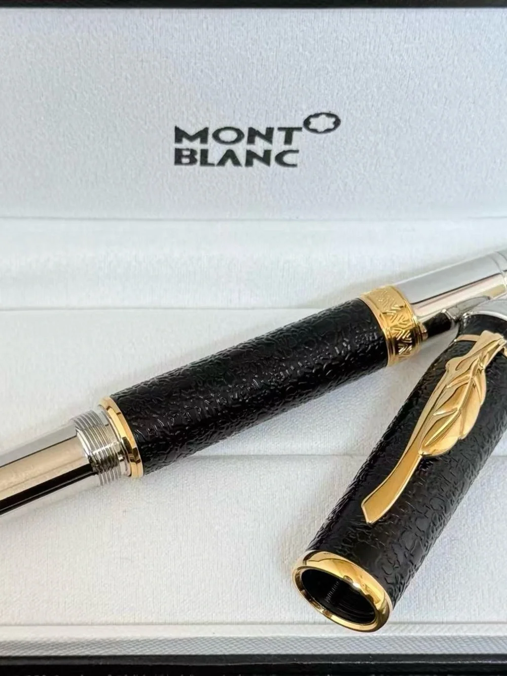 Montblanc Black and Gold Textured Ballpoint Pen with Leaf Clip